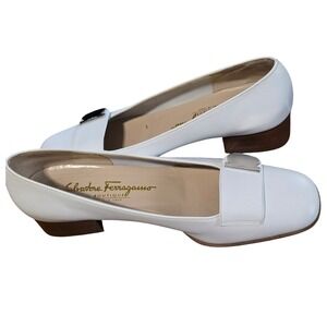 Salvatore Ferragamo Boutique White Leather Block Heel Loafers Size 8